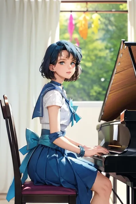 ((beautiful woman playing piano)),(（The woman looks at the piano keys )）（（ on the concert hall stage ，)), the person playing the piano is Sailor Mercury、 Sailor Moon、 ( best quality), Side View、 1 girl,  beautiful hands 、 sailor dress、 spotlight ,  short h...