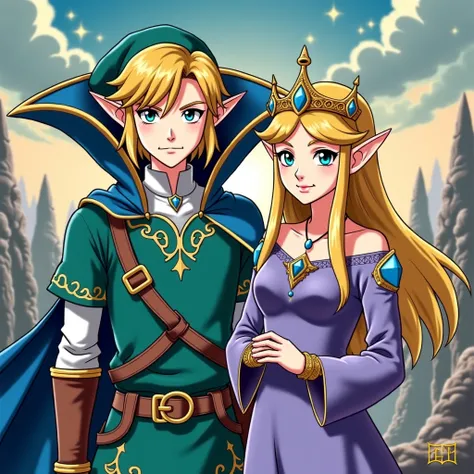 Anime King Link wearing a Massive popped collar with a collar so high it's taller than his head he's standing with his Queen Zelda