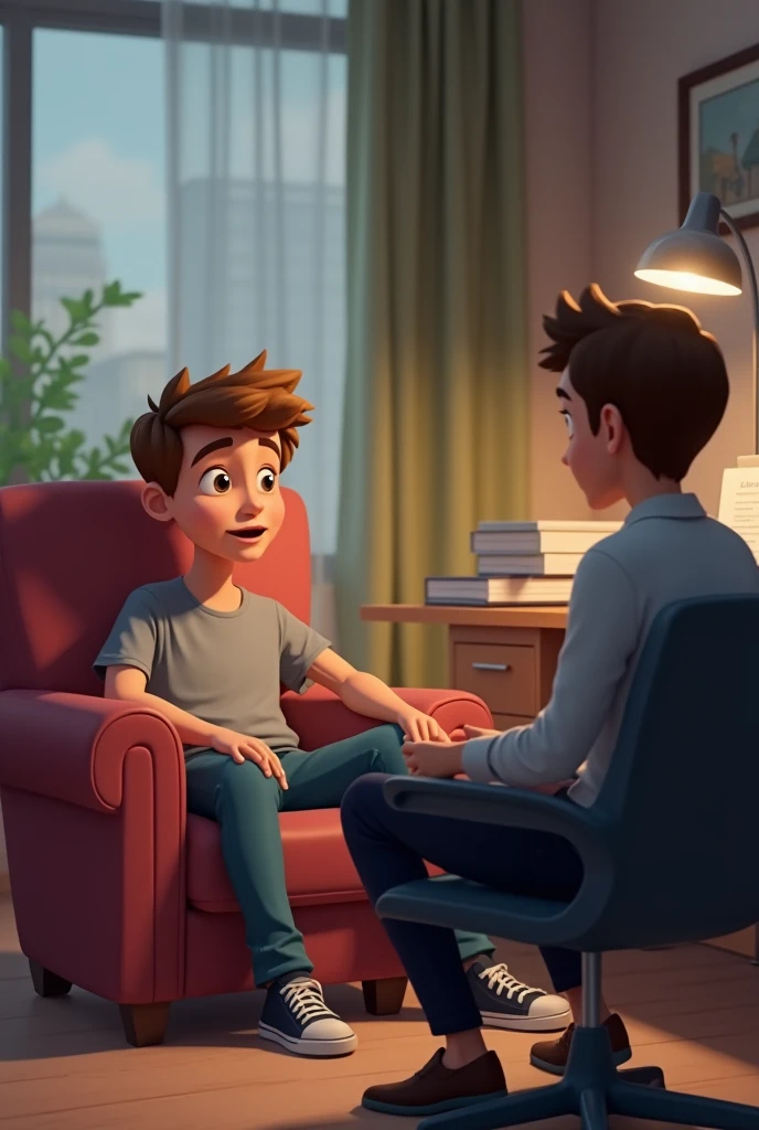  A 17-year-old teenager wearing jeans and a gray t-shirt is relaxing in an armchair ,  speaking with confidence while the psychologist listens to it with interest and empathy . Both are in a professional office with a floor lamp and a desk with some organi...