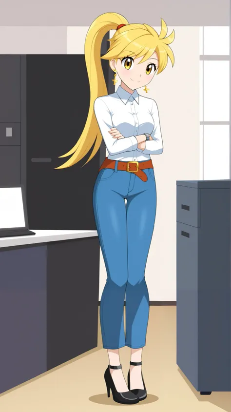 (( best quality)), (( Masterpiece)), ( Details), 1girl , Two legs, two arms, Alone, golden hair color, ponytail, long hair, yellow eyes, yellow earrings, career woman, white button shirt, Blue jeans, belt, black high heels, Height, anime colorin...