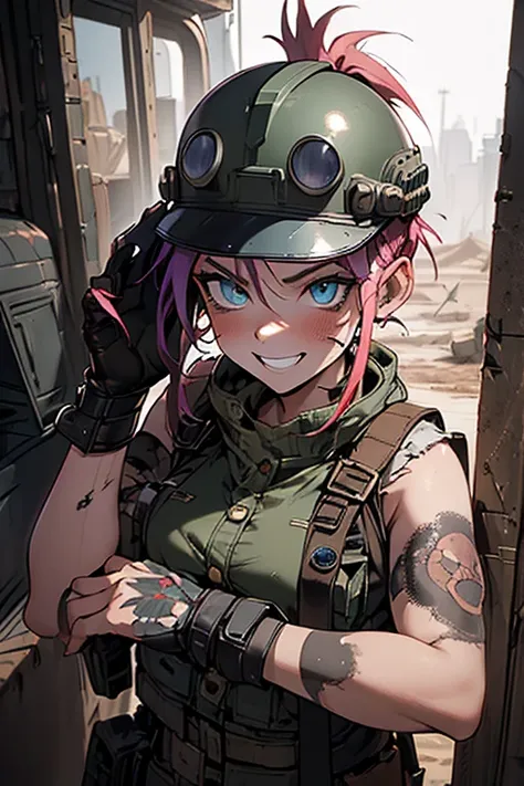 ((( full bodyesbian ))), ((( Military helmet on the head ))), Clothing full of buttons, Master parts, Best quality, super detailing, 8K, beautiful  woman, Tank girl with crazy face, mischievous grin , Colorful mohawk hair, punk girl, post apocalyptic world...