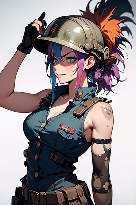 ((( full bodyesbian ))), ((( Military helmet on the head ))), Clothing full of buttons, Master parts, Best quality, super detailing, 8K, beautiful  woman, Tank girl with crazy face, mischievous grin , Colorful mohawk hair, punk girl, post apocalyptic world...