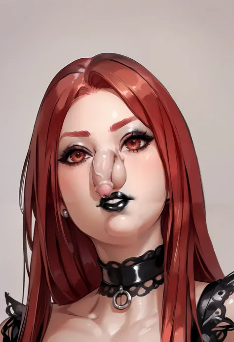 (Super Detailed), (Anime), (score_9), (score_8_up), (score_7_up), 1girl, (portrait), (Very Cute Girl), (Brown Eyes), (Long Straight Red Hair), ((Flaccid Nose Penis Draped Over Scrotum)), (Black Lipstick), (Mouth Partly Open, Not Smiling), (Choker), (Black ...