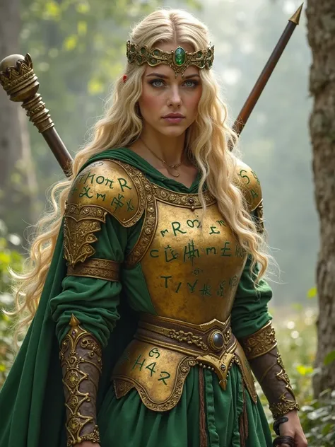  Woman with long blond hair and blue eyes wearing a green medieval dress and a gold armoured breastplate with green runes on decorations, a golden tiara with a green stone on her forehead and a long combat staff in her hand .