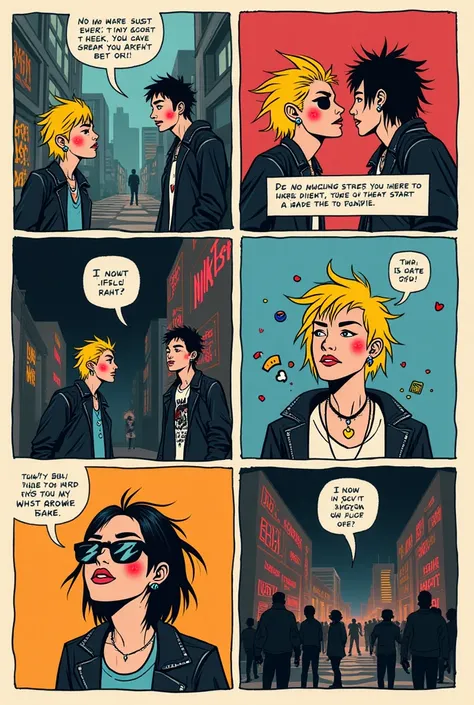 a comic with 4 vignettes that is inspired by punk-rock style culture, with simple animation, Nothing professional, that they narrate a small scene related to the subculture, con dialogos, clouds,etc