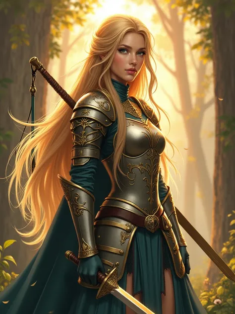   Beautiful warrior with long golden hair  。dressed in an elegant, royal armor、 Carrying a long sharp sword  , fine sword。 Her expression is noble  、filled with determination 。  The armor has a medieval design  .、  Beautiful warrior with long golden hair  ...