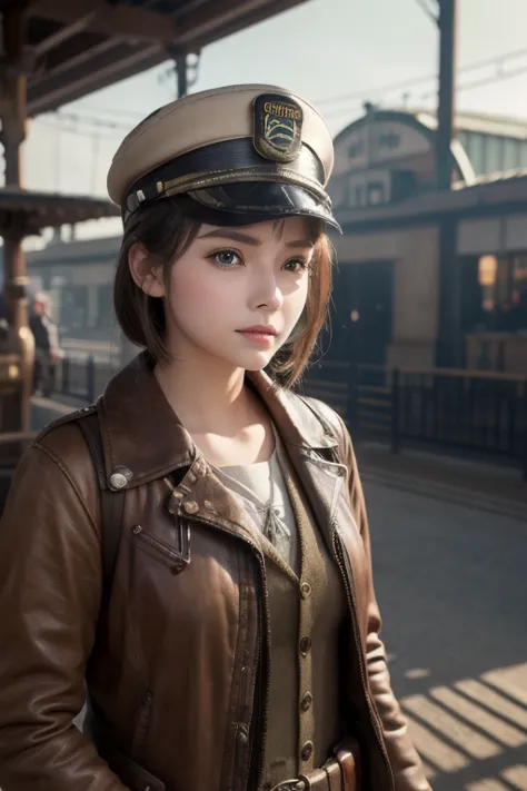  1 girl,   Pilot Cap  ,   faceup、Alone,    steam punk, station,  ,  steam,, Masterpiece,   very detailed on trends , high resolution, 8k resolution,  best quality ,