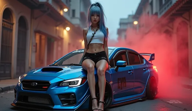   beautiful Korean-Indonesian woman  , Everwight  ,   blue hair ash ash ,  long ponytail  ,   wearing a white short shirt with   "LYA"   written on it and Black Shorts Torn  ,   sitting on top of a fully modified Lancer Evolution car,  metallic blue ,   tr...