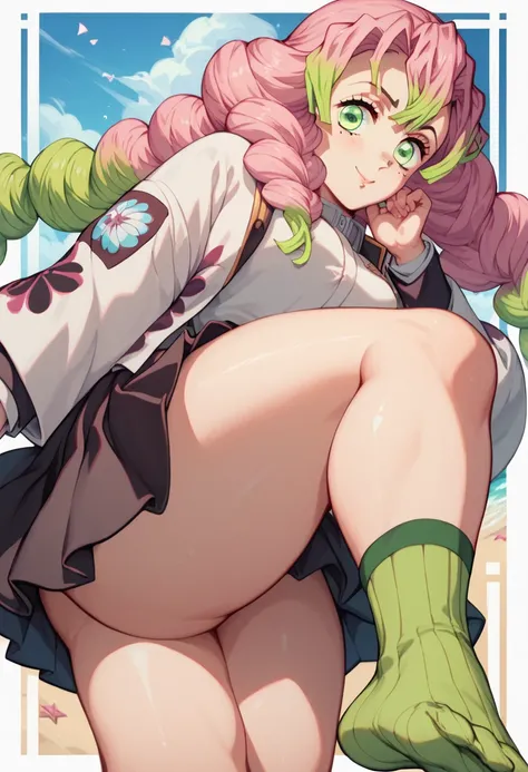  Mitsuri Kanroji ,  curly pink hair ,  big green eyes ,  medium breasts,  big boobs,  healed abdomen,  thick thighs,  blue,  black skirt, green socks on the feet ,  white beach jacket , sentada sexy  thick thighs bunda grande