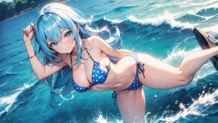 1_girl, solo,masterpiece, best quality,, curren chan (umamusume), smile ,light blue hair, blue eyes, cropped red polka dot bikini, sailboat on the water background,                               stands confidently with both hands resting on her waist, elbo...