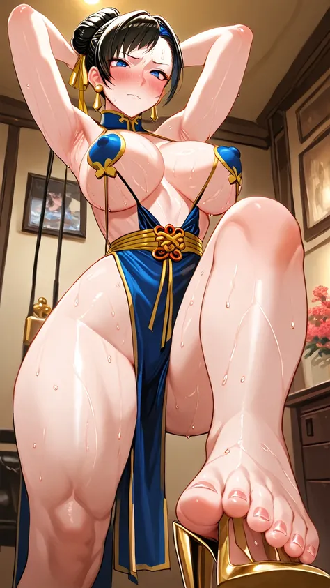 (( A Chun Li short black hair ,  bright big blue eyes ,  iconic hairstyle 2 side bangs,))  standing pose looking at the spectator with lust hand over head sweat in armpits perfect detailed feet , blush face ,  big gold plucked earrings , sexy dress bikini ...