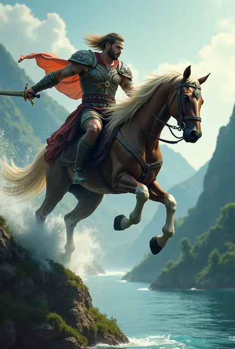 a male warrior jumping from a hill into the water with a horse