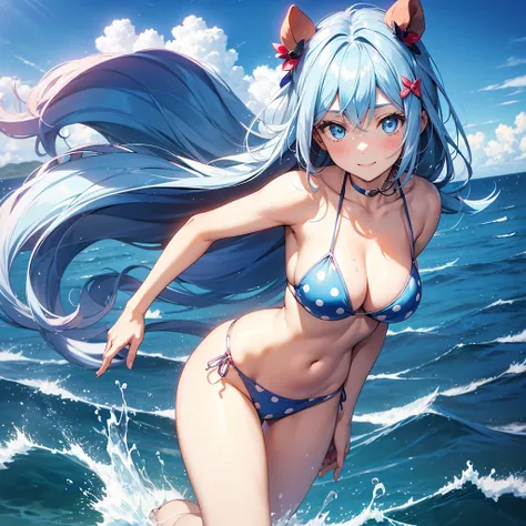 1_girl, solo,masterpiece, best quality,, curren chan (umamusume), smile ,light blue hair, blue eyes, cropped red polka dot bikini, sailboat on the water background,                               stands confidently with both hands resting on her waist, elbo...