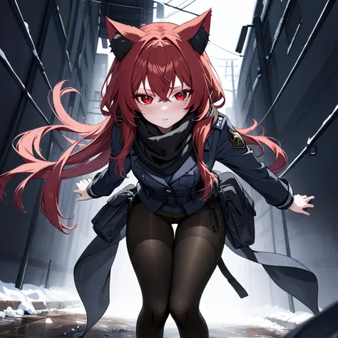 masterpiece, highest quality, highest resolution, clear_image, detailed details, dirty and messy red hair, black scarf, long hair, cat ears, cold glowing red eyes, full body, no water marks, black pantyhose, tactical combat uniform 