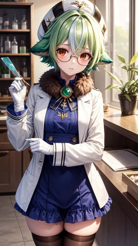 Masterpieces, Best Quality, girl, looking at viewer, sucrose, sucrose, ahoge, animal ears, (brown eyes:1.5), glasses, gradient hair, hair between eyes, messy hair, multicolored hair, semi-rimless eyewear, short hair, green hair, embarrassed, frills, fur co...