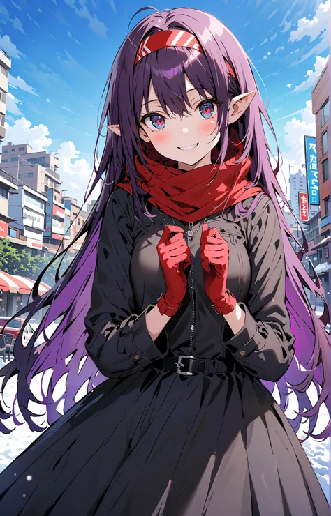  yuukiKonno, Konno Yuuki,  headband,  long hair,   pointed ears ,  purple hair,  low twin tail, red eyes,smile,blush, close your mouth, red scarf,purple down coat ,red gloves ,Black long skirt, black pantyhose, Bbo~, standing,snow,building,whole bodyがイラストに...