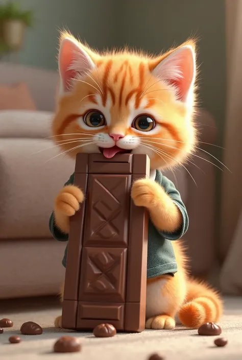 kitten (kitten cat orange , boy, cute, dressed schoool unifrom) memakan huge chocholate candy