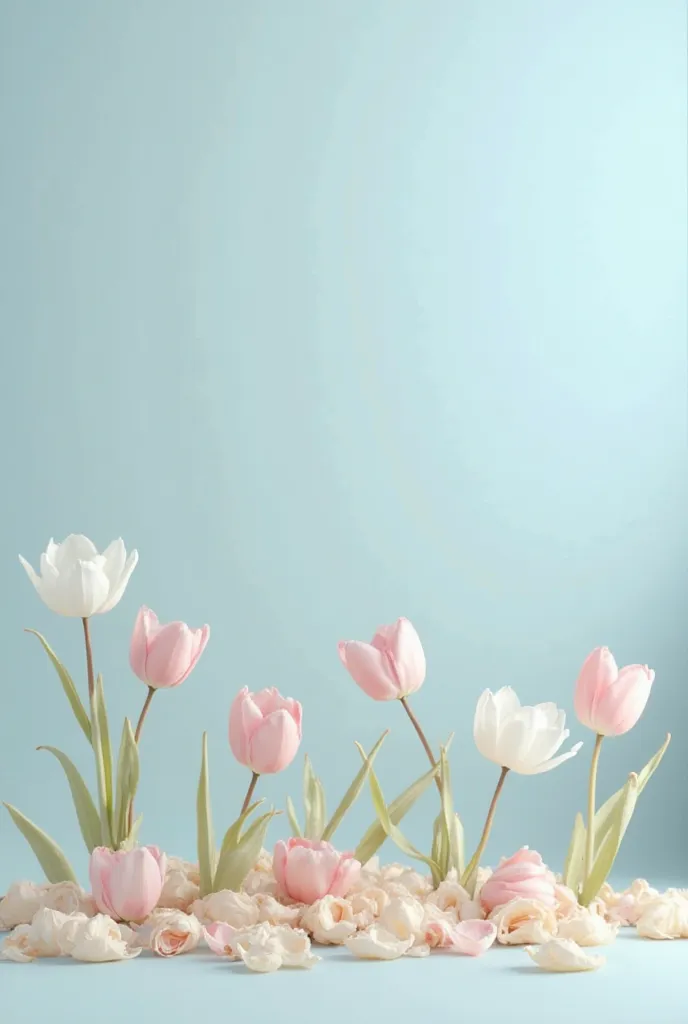 Draw a light blue background, with some dried petals and tulips on the side 