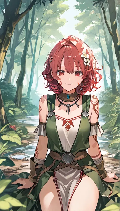  Of course_Pos, score_9, score_8_above, score_7_above, score_6_above, score_5_above, score_4_above, 1 , Celtic girl  ,    red hair , flowers in the hair,   short hair,   curly hair ,  red eyes,   In the forest,   tribal tattoos, Celtic clothes,  alone, Sme...