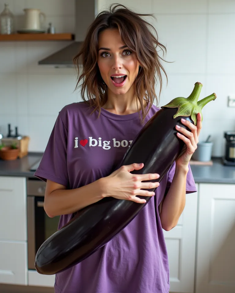 a gorgeous alluring sexy face Woman, she is wearing an oversized t-shirt for sleeping with printed letter "I ❤️ big Aubergine" , just woken up, messy hair and wrinkled shirt, with shocked and awed face, passionately holding (((one))) enormous size of long ...