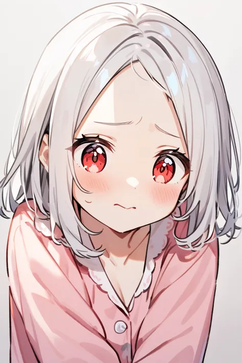 A girl with white hair, red eyes, and a shy expression, wearing a cute and comfortable pink pajama, with her forehead visible.

