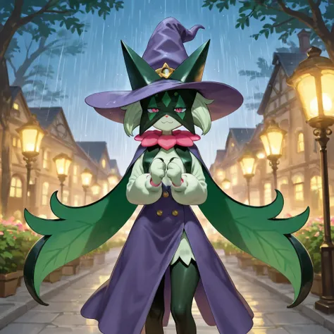 Pokémon Meowscarada with a wizard costume, Doing their rain-leaved attack, Illuminated open field garden background 