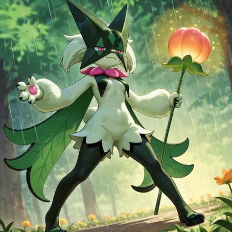 Pokémon Meowscarada with a wizard costume, Doing their rain-leaved attack, Illuminated open field garden background 