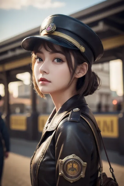  1 girl,   Pilot Cap  ,   faceup、Alone,    steam punk, station,  ,  steam,, Masterpiece,   very detailed on trends , high resolution, 8k resolution,  best quality ,