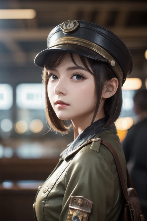  1 girl,   Pilot Cap  ,   faceup、Alone,    steam punk, station,  ,  steam,, Masterpiece,   very detailed on trends , high resolution, 8k resolution,  best quality ,