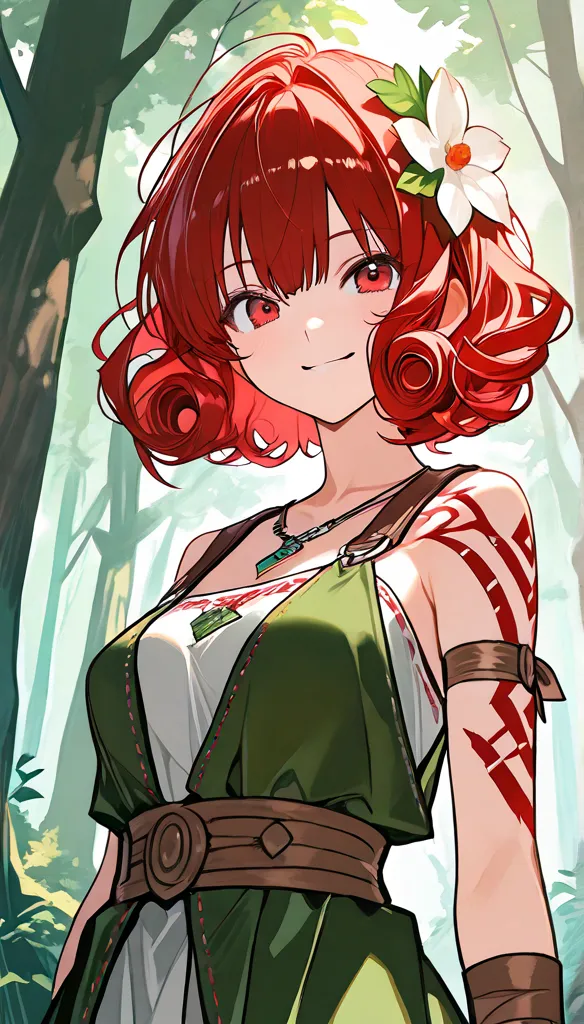  Of course_Pos, score_9, score_8_above, score_7_above, score_6_above, score_5_above, score_4_above, 1 , Celtic girl  ,    red hair , flowers in the hair,   short hair,   curly hair ,  red eyes,   In the forest,   tribal tattoos, Celtic clothes,  alone,   s...