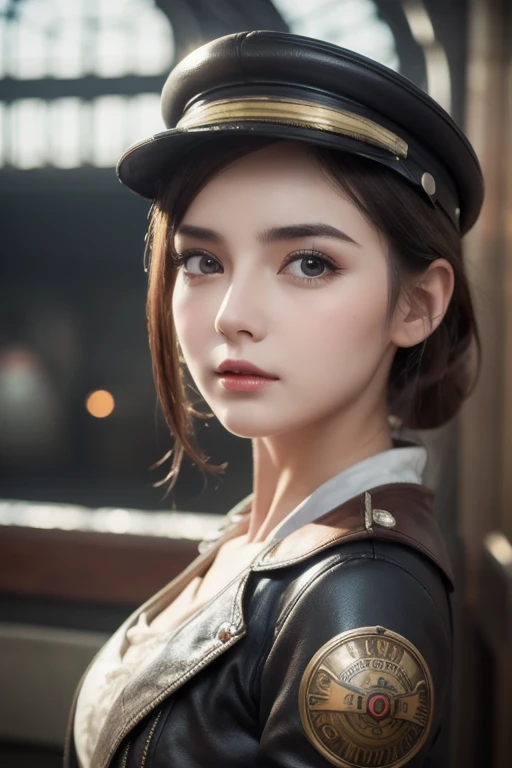  1 girl,   Pilot Cap  ,   faceup、Alone,    steam punk, station,  ,  steam,, Masterpiece,   very detailed on trends , high resolution, 8k resolution,  best quality ,