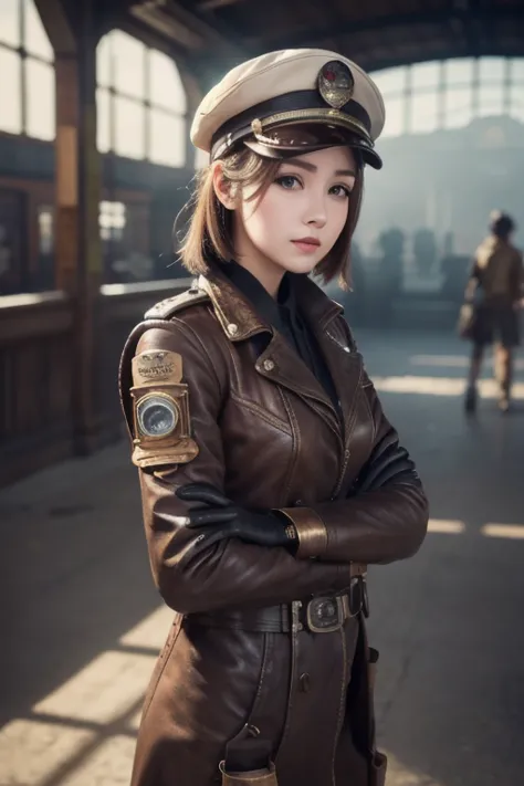  1 girl,   Pilot Cap  ,   faceup、Alone,    steam punk, station,  ,  steam,, Masterpiece,   very detailed on trends , high resolution, 8k resolution,  best quality ,