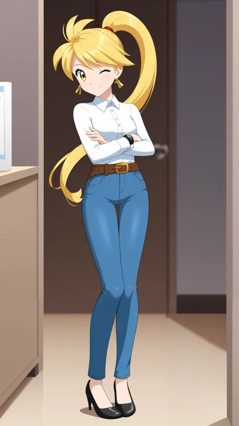 (( best quality)), (( Masterpiece)), ( Details), 1girl , Two legs, two arms, Alone, golden hair color, ponytail, long hair, yellow eyes, yellow earrings, career woman, white button shirt, Blue jeans, belt, black high heels, Height, anime colorin...