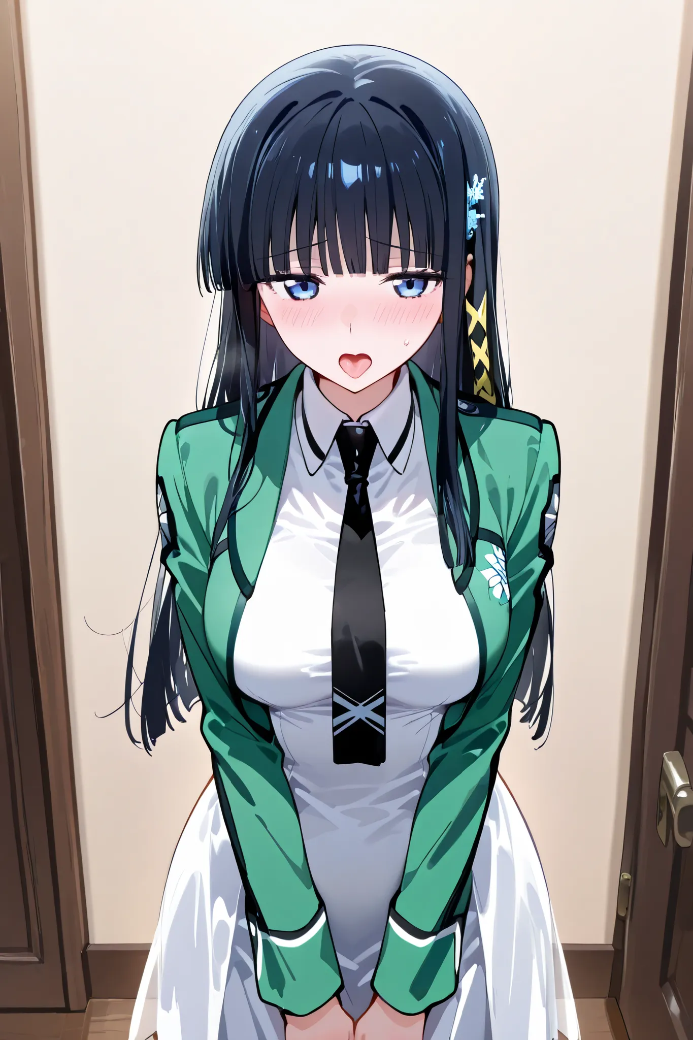 [[miyuki250219]],1lady, beauty, glossy lips,Rouge,detail eyes,

shiba miyuki, black hair,long hair, blunt bangs, eyebrows visible through hair, blue eyes, snowflake hair ornament, yellow x hair ornament,mahouka school uniform, cropped jacket, green jacket,...