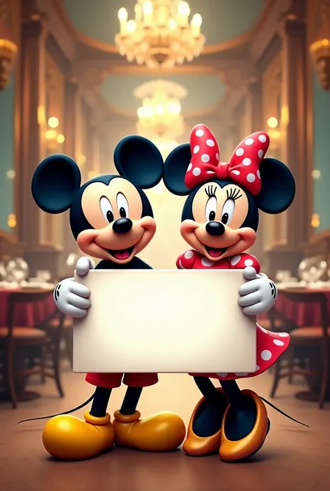 Mickey and Minnie holding a blank sign in a fancy place 