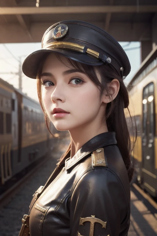  1 girl,   Pilot Cap  ,   faceup、Alone,    steam punk, station,  ,  steam,, Masterpiece,   very detailed on trends , high resolution, 8k resolution,  best quality ,