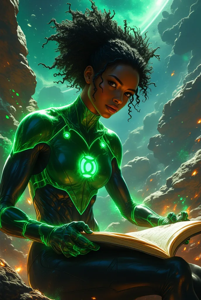 black female Green Lantern nude sitting on a research platform floating in the middle of the asteroid belt. sHe studies with a notebook, surrounded by several asteroids glowing with a fiery aura. Dramatic lighting from distant stars and planets illuminates...