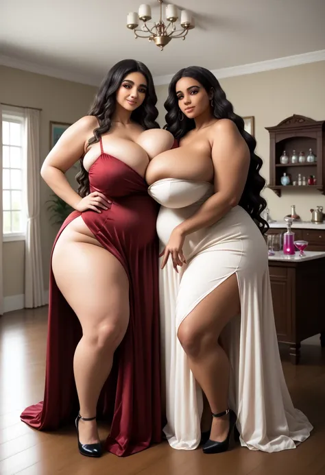 Best quality,  masterpiece,  ultrarealistic,  At a distance,  from across the room, ((( you see 2 tall giant colossal stunning  beautiful young latina women in a tiny room))), ((one woman with long straight black hair , the other woman with long wavy blond...