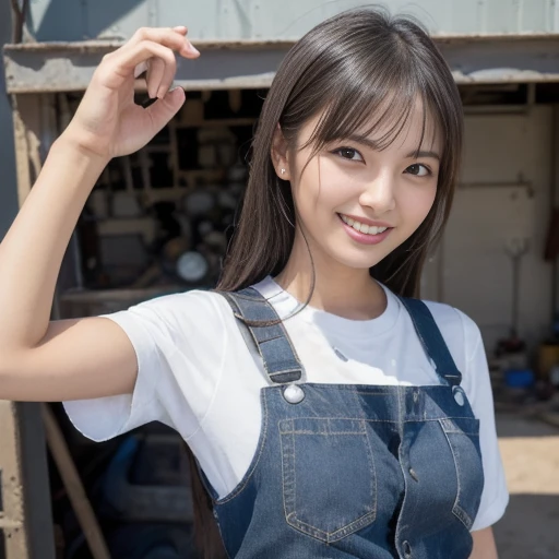 female mechanic, oil-stained mechanic uniform, repairing car engine, repair shop in the desert, waist-level shot, in action, hot environment, ((masterpiece)), ((best quality)), (ultra-detailed), ((beautiful eyes)), Japanese female, (slender:1.3), ((30 year...