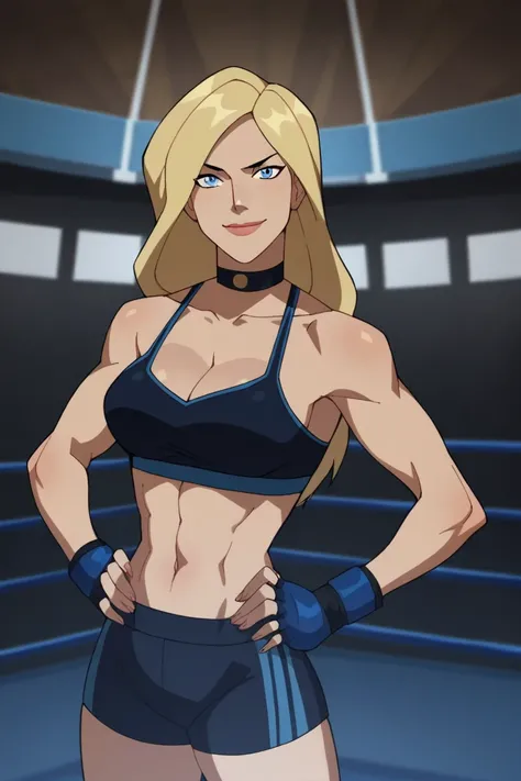 score_9, score_8_up, score_7_up, source_cartoon,black canary, blue eyes, blonde hair, long hair, large breasts, dark blue boxing shorts , dark blue boxing gloves, dark blue sports bra, choker, cleavage, bare shoulders,  BREAK standing, looking at viewer, s...