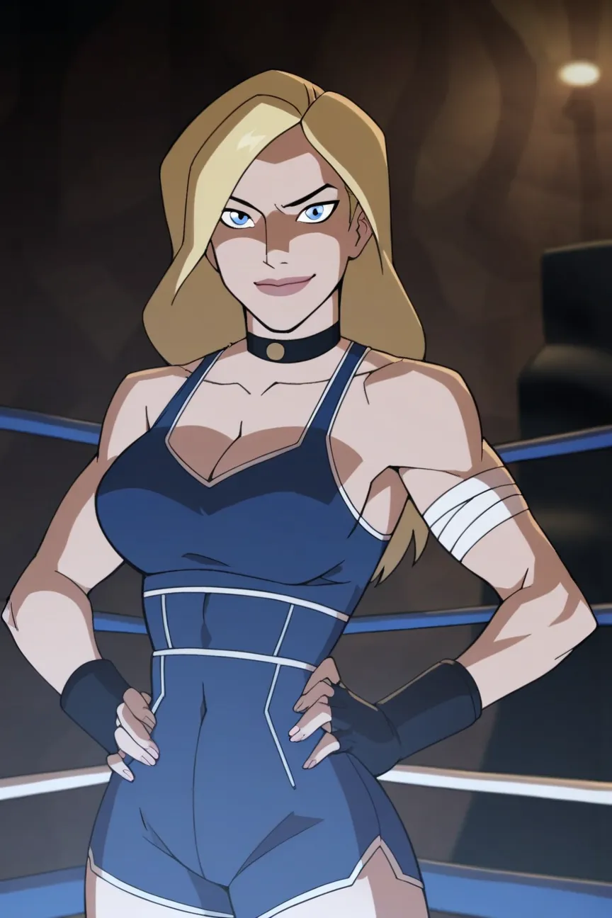 score_9, score_8_up, score_7_up, source_cartoon,black canary, blue eyes, blonde hair, long hair, large breasts, dark blue boxing shorts , dark blue boxing gloves, dark blue sports bra, choker, cleavage, bare shoulders,  BREAK standing, looking at viewer, s...