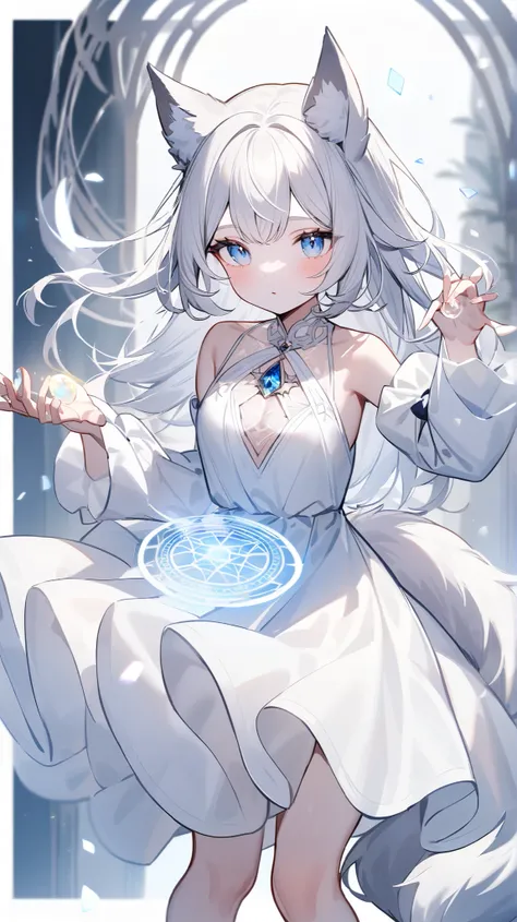 Girl, fair skin complexion, silver-white hair, light blue eyes, with wolf ears and Tail, With a sleeveless white dress, With a gem in the center of the chest of the dress,With sleeves that go from the bottom of the hand with a border down to the hand,That ...