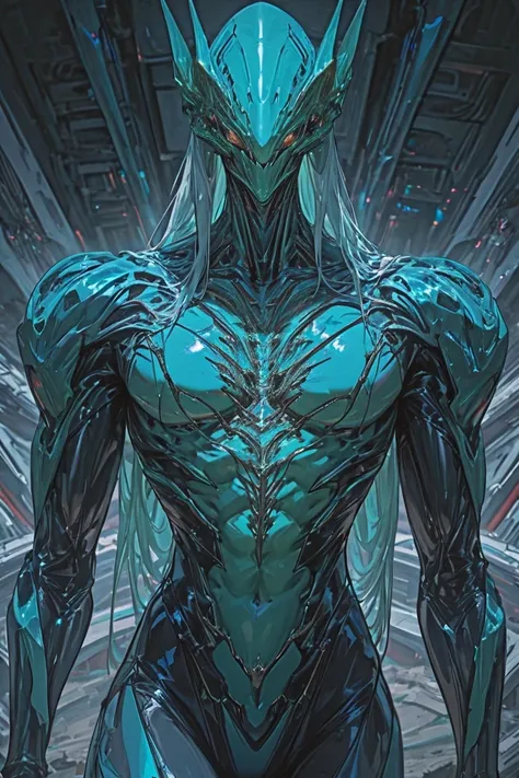 masterpiece, newest, absurdres, safe Solo, high detailed, male, handsome masculine male, Sexy male. Masculine male. Handsome Male, Alien king, royalty, alien, extraterrestrial alien, long hair, sci-fi, alien sci-fi prince, high technology, bodysuit, open c...