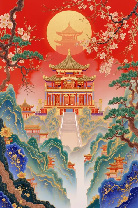 A painting，Chinese ancient style，Landscape architecture，High Saturation，Bright colors，Gold painted 