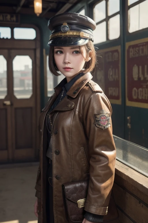  1 girl,   Pilot Cap  ,   faceup、Alone,    steam punk, station,  ,  steam,, Masterpiece,   very detailed on trends , high resolution, 8k resolution,  best quality ,