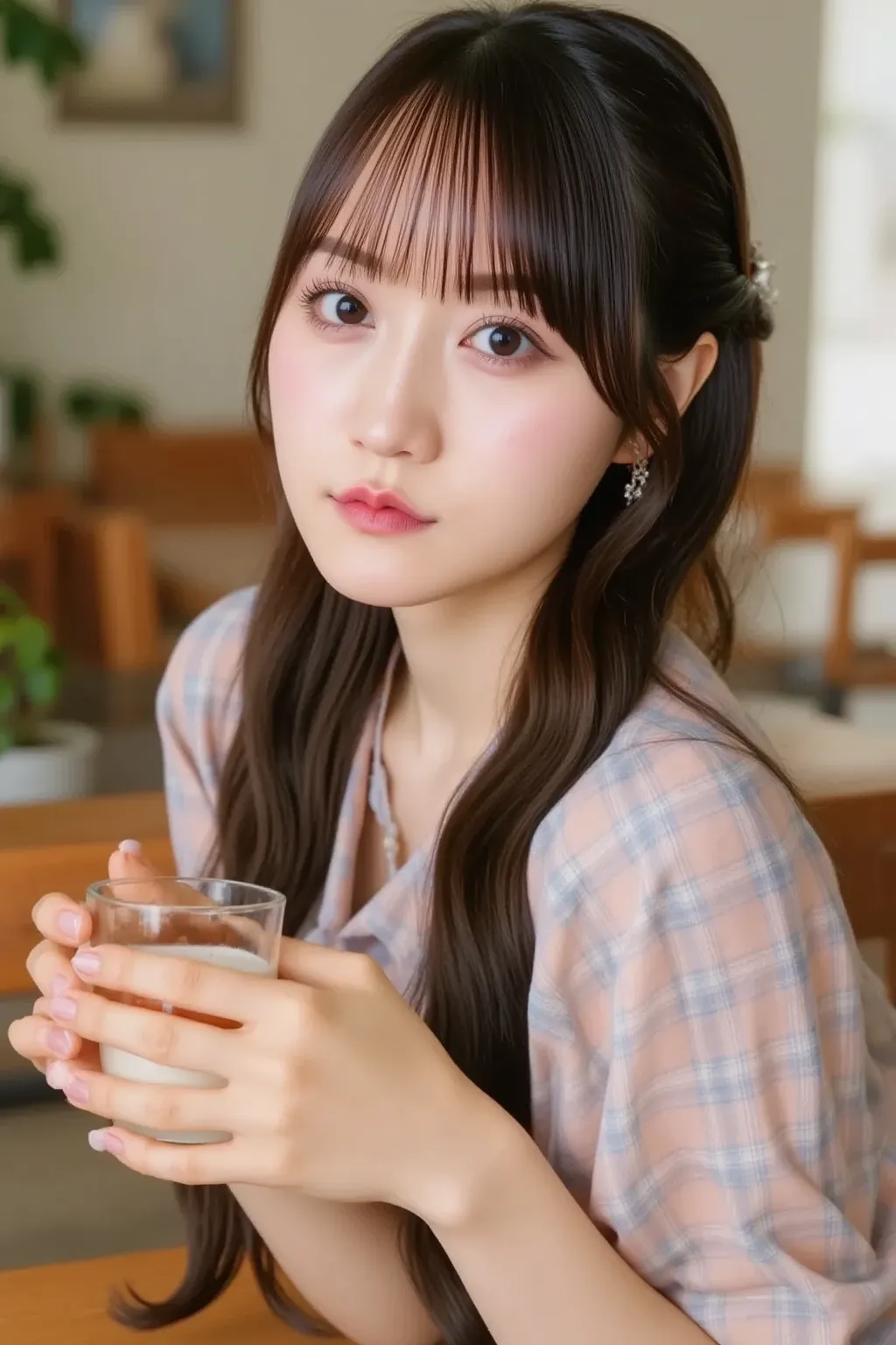 "A cute young woman sitting at a cozy café, holding a coffee cup in her hands, looking directly at the camera with a gentle smile. She has long, wavy hair and is dressed in a casual, stylish outfit. The café has a warm and inviting atmosphere, with soft li...