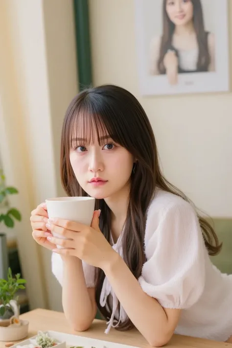 "A cute young woman sitting at a cozy café, holding a coffee cup in her hands, looking directly at the camera with a gentle smile. She has long, wavy hair and is dressed in a casual, stylish outfit. The café has a warm and inviting atmosphere, with soft li...