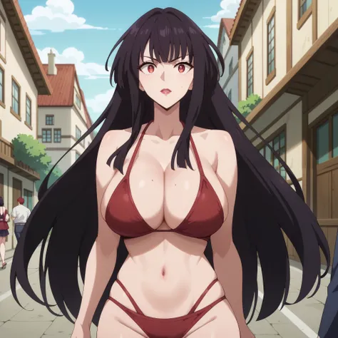 Glass , ( red eyes),( long black hair).( big breasts). dark wine red bikini ,  is walking on a sunny beach.