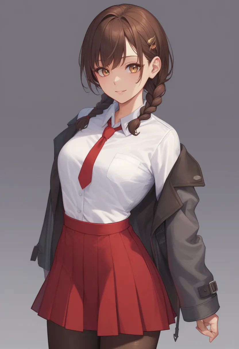  Female character ,  brown hair , hair with braids , brown leather ,  amber eyes,  white shirt with red tie, grey jacket, red skirt,  Black Long Tights.