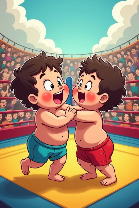 Create a vibrant cartoon-style illustration of two chubby toddlers wrestling in a colorful ring, with exaggerated facial expressions and oversized features, surrounded by cheering cartoon spectators."